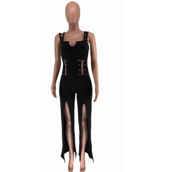 Sexy Tube Sling High Split Jumpsuit Club Sleeveless Outfit Fashion Women Black